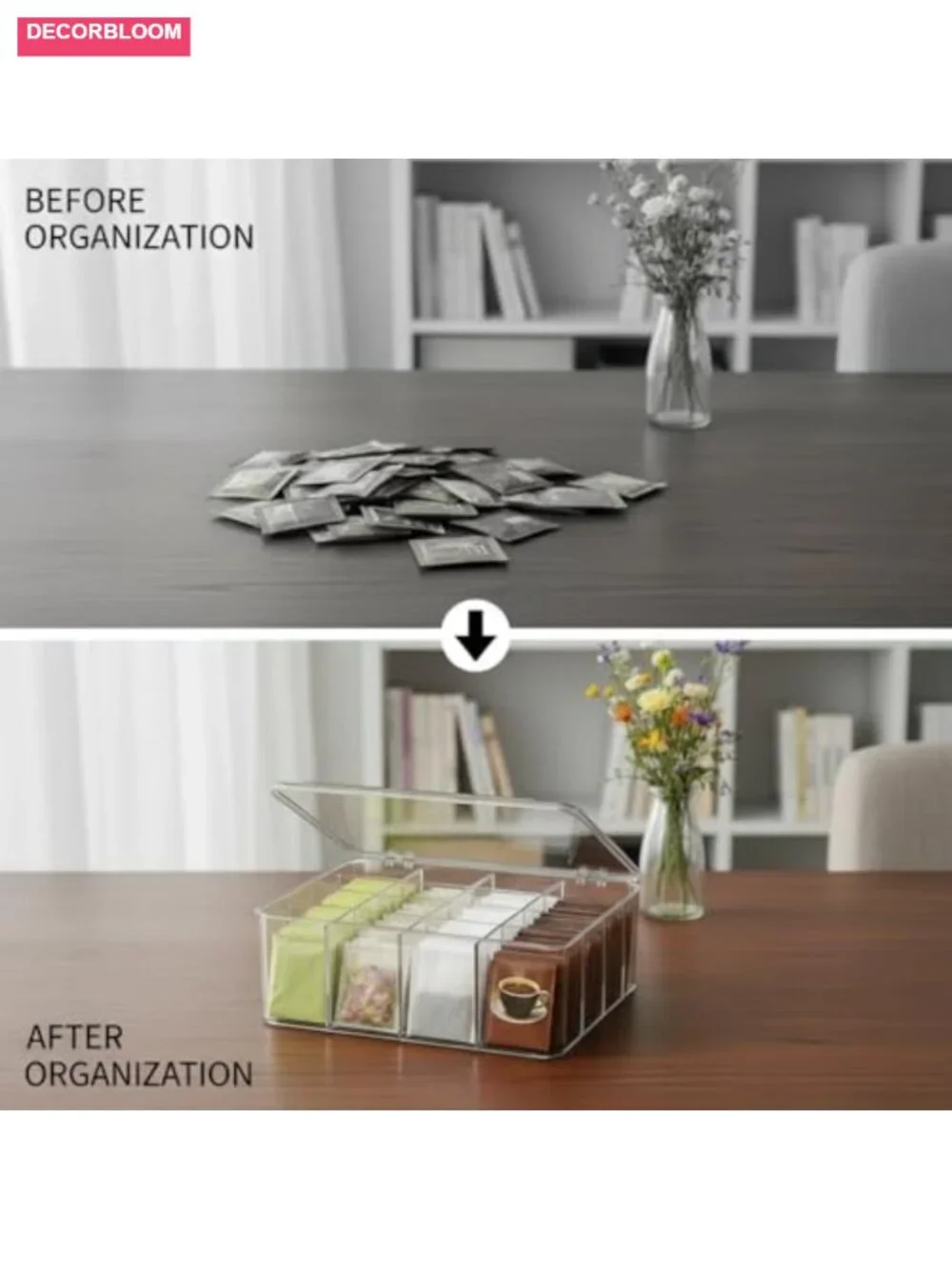 16-Compartment Acrylic Tea Bag Storage Organizer with Lid, Clear, Stackable,